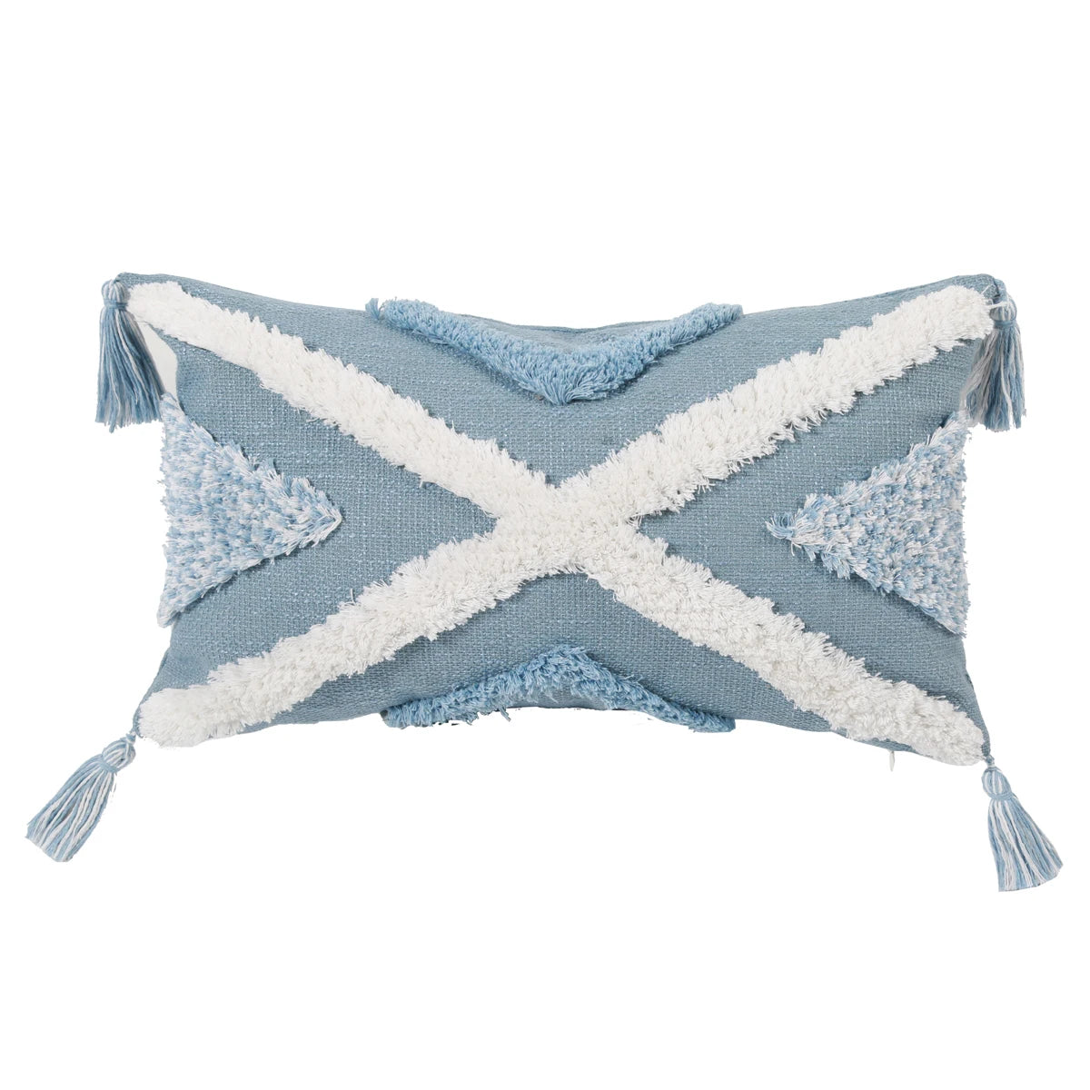 Decorative pillow with a blue and white pattern on a white background