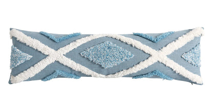 Decorative pillow with blue and white geometric pattern on a white background