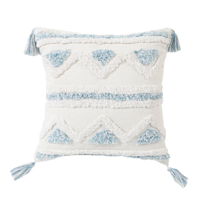 Decorative pillow with white and blue pattern on a white background