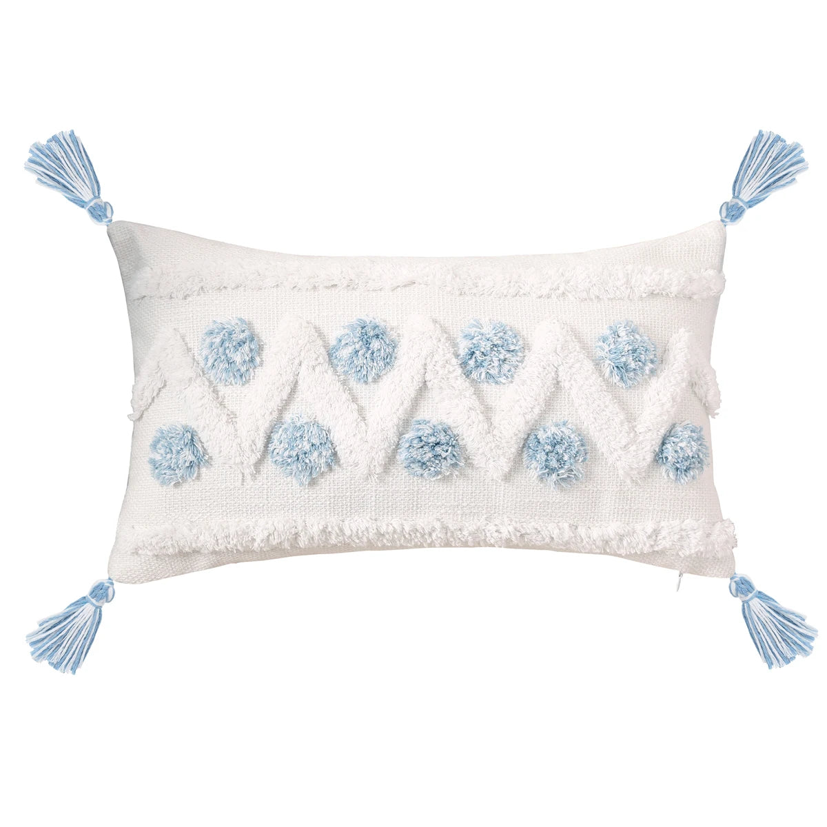 Decorative pillow with blue floral patterns and tassels on a white background