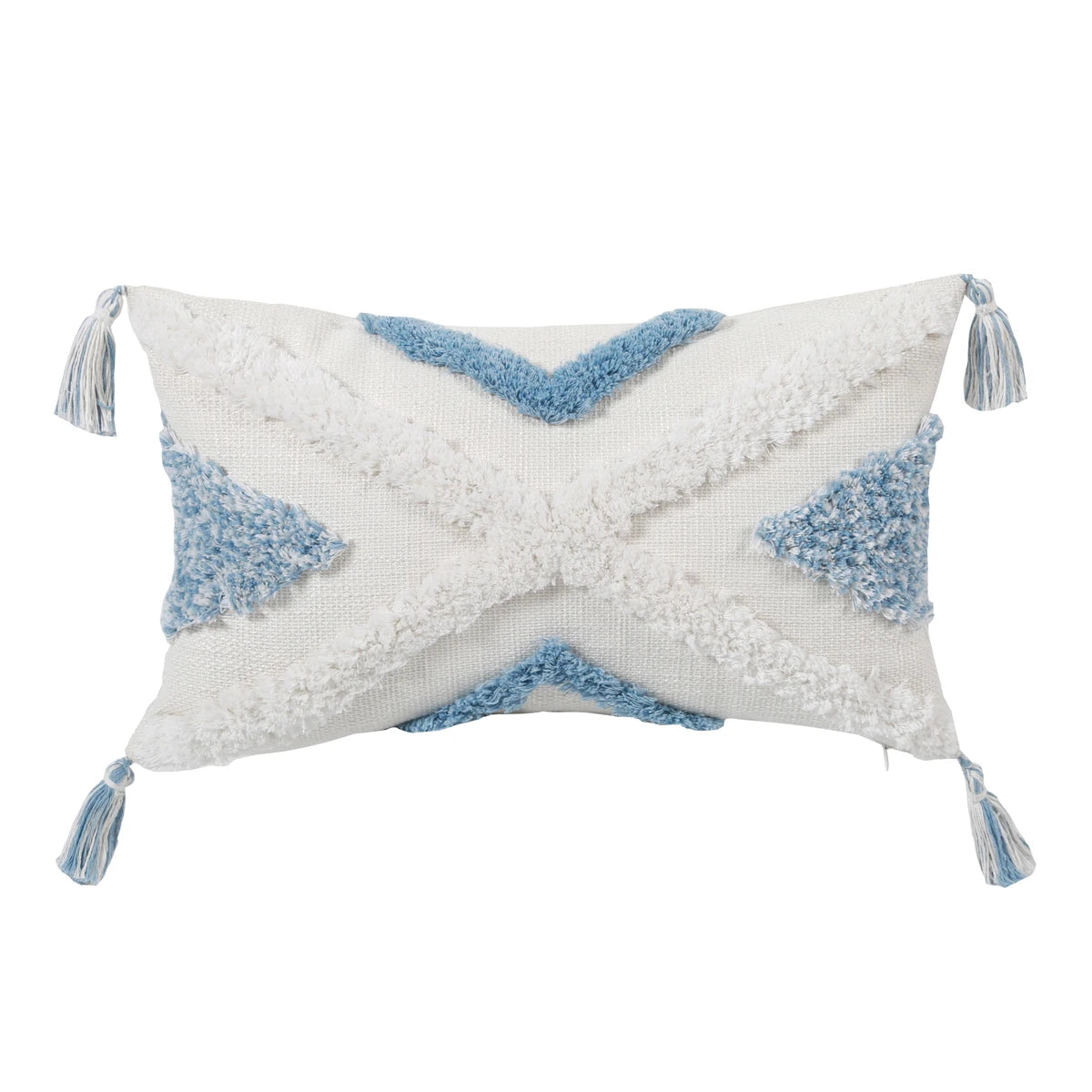 Decorative pillow with blue and white patterns on a white background
