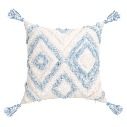 Decorative pillow with blue geometric pattern and tassels on a white background