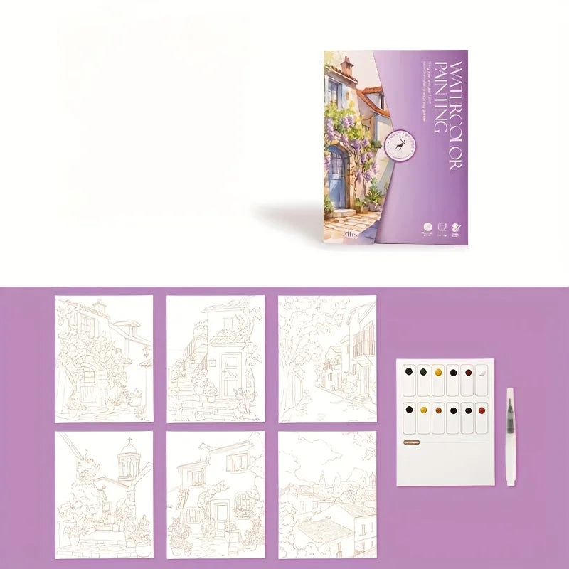Set of watercolor painting books with illustrations and a pen on a purple background
