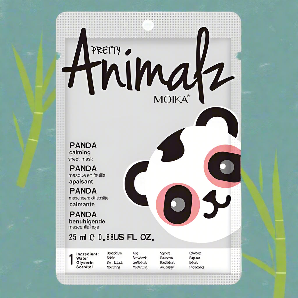 Pretty Animalz Moika Panda sheet mask packaging on a white background