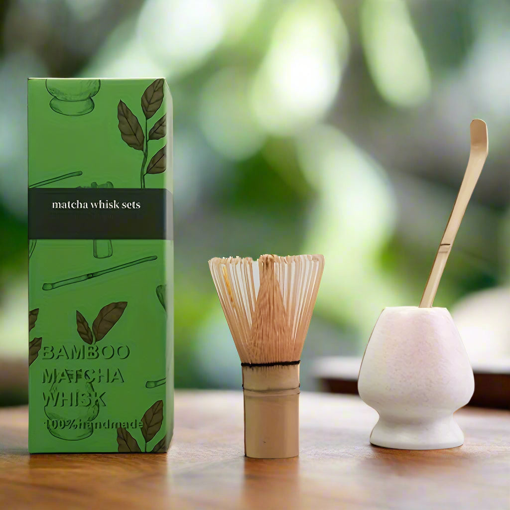 Bamboo matcha whisk set with green packaging on a white background