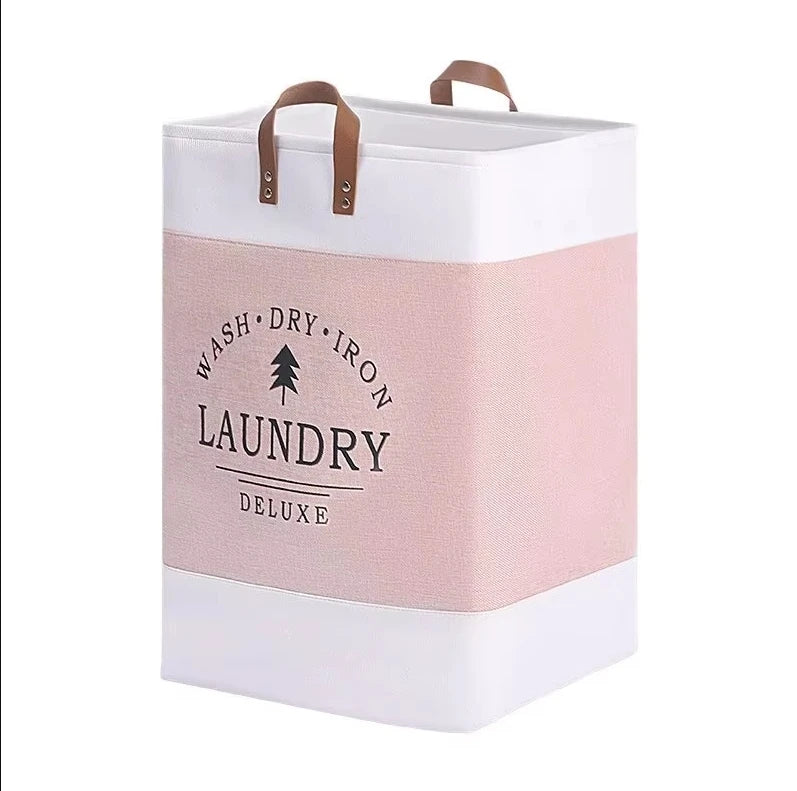 Pink and white laundry basket with text on a white background
