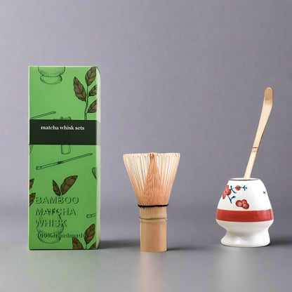Matcha whisk set with green packaging on a white background