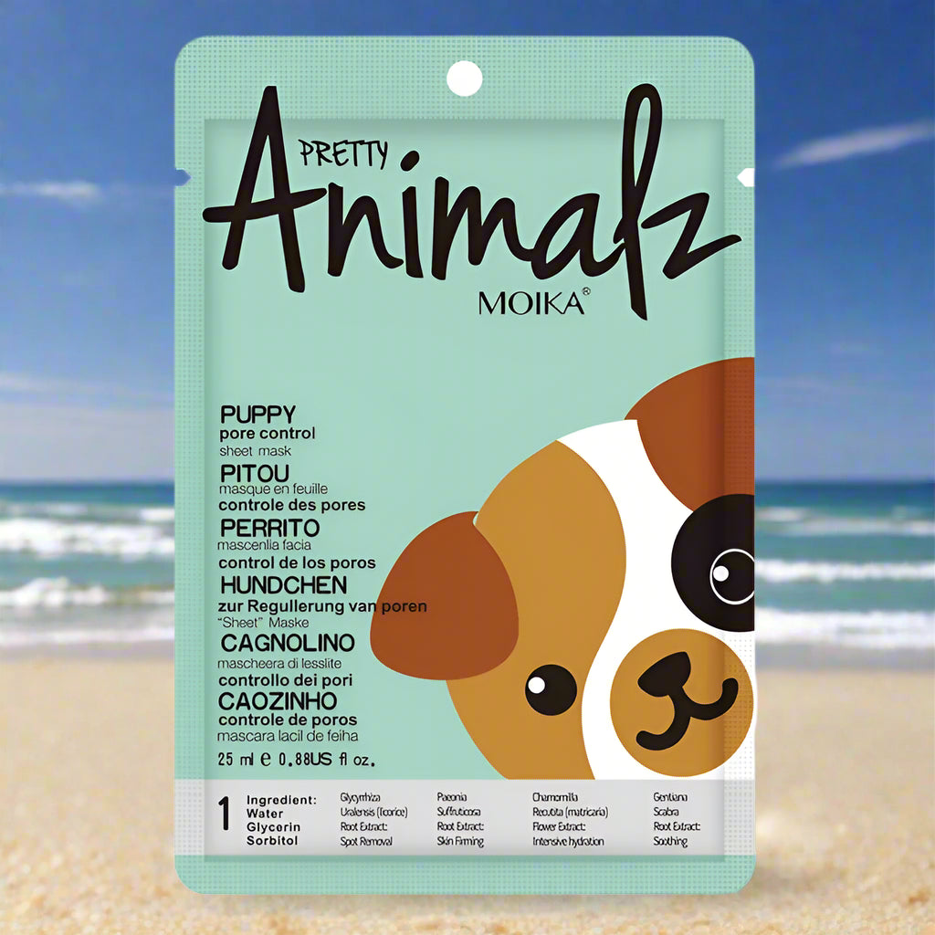Pretty Animalz Moika puppy pore control sheet mask packaging with cartoon dog design.