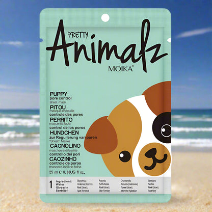 Pretty Animalz Moika puppy pore control sheet mask packaging with cartoon dog design.