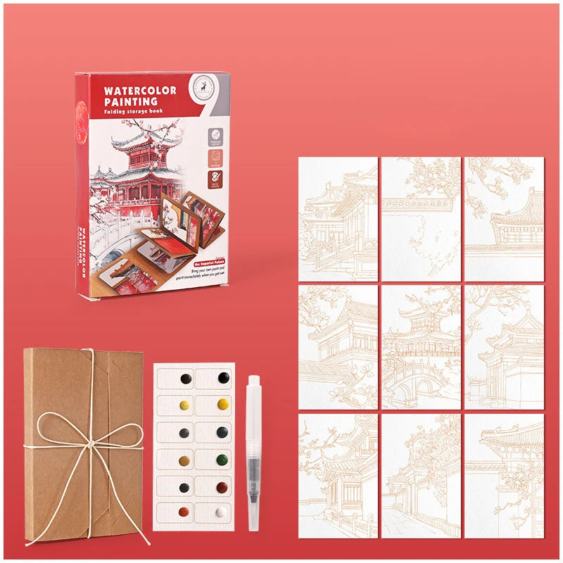 Artistic set with watercolor painting book, watercolor paint set, and templates on a red background