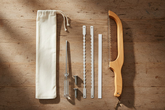 Set of tools including a saw, screwdriver, and other components on a white background