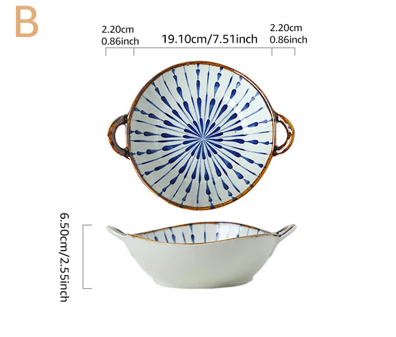 Measurement chart showing a decorative plate with blue patterns and handles, with dimensions labeled.