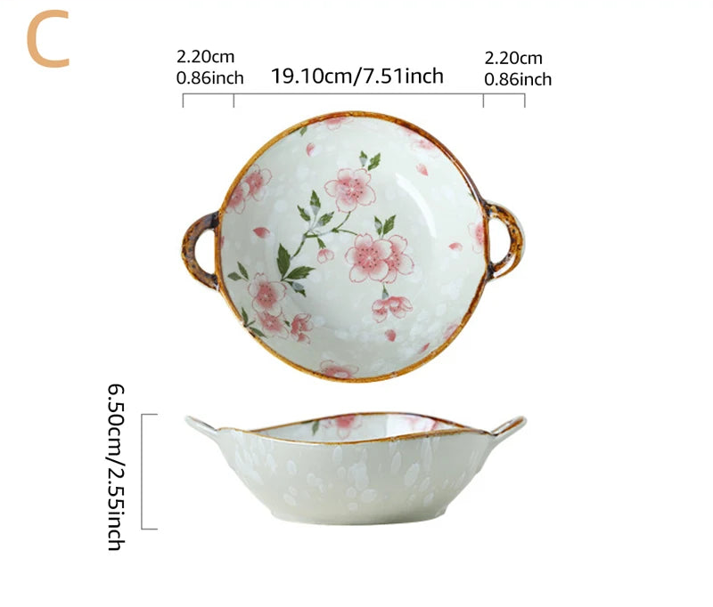 Ceramic bowl with floral design and measurements on a white background