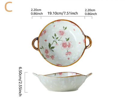 Ceramic bowl with floral design and measurements on a white background