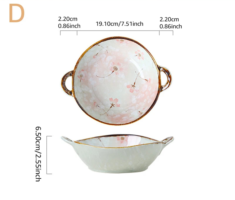 Ceramic bowl with floral design and gold rim, shown with measurements on a beige background.