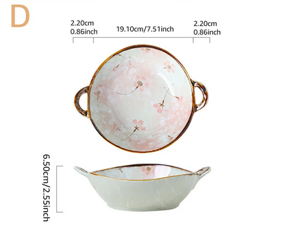 Ceramic bowl with floral design and gold rim, shown with measurements on a beige background.