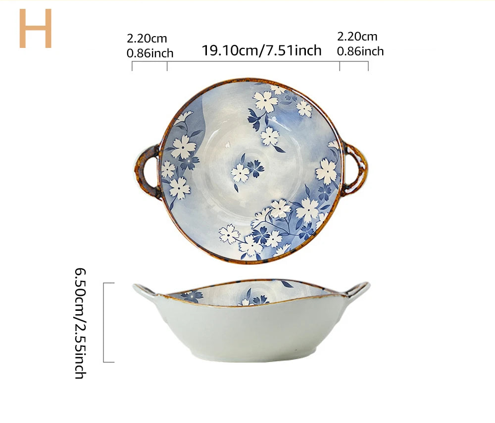 Ceramic bowl with floral design and measurements on a beige background