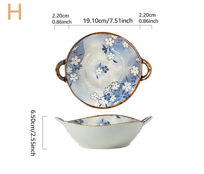 Ceramic bowl with floral design and measurements on a beige background