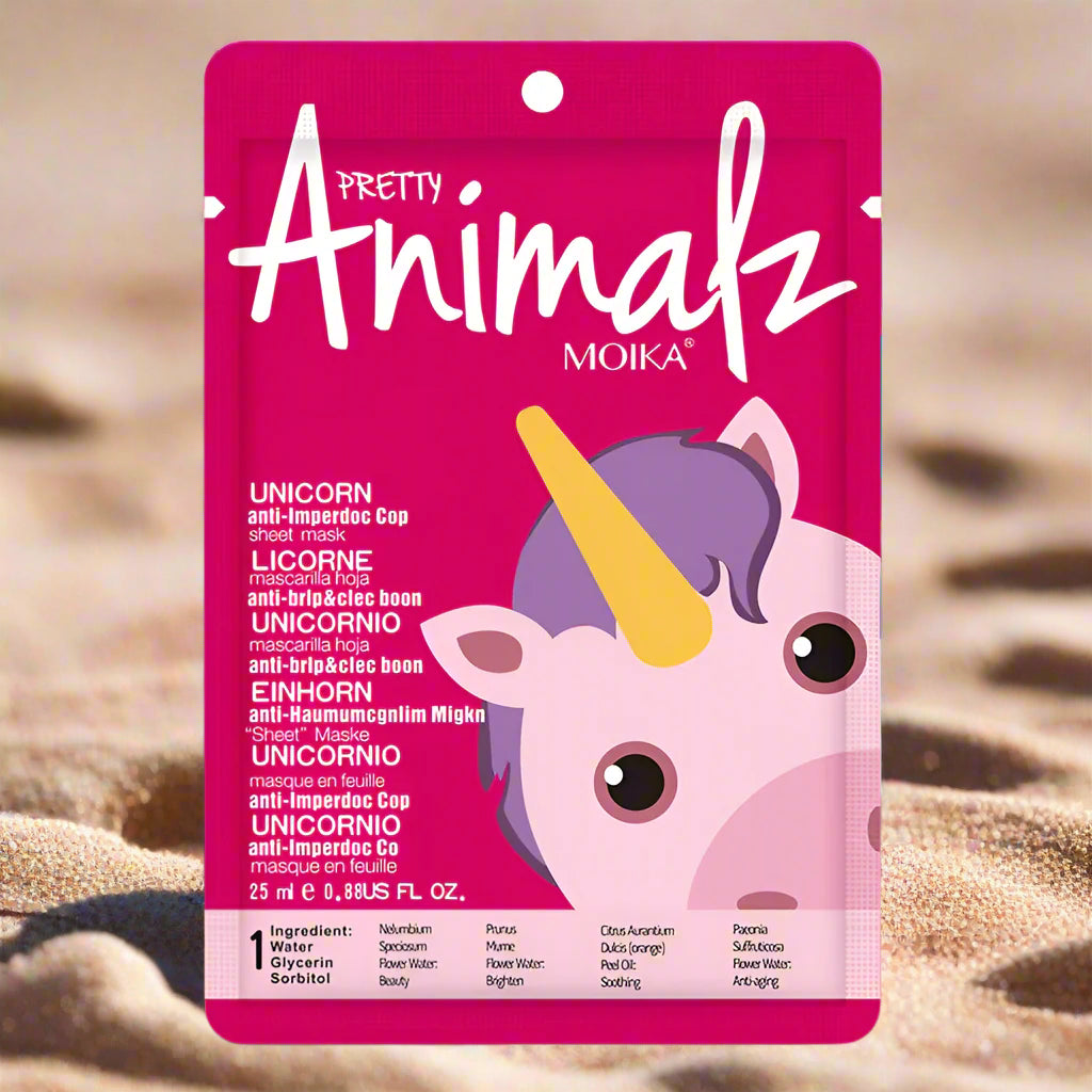 Pink packaging of Pretty Animalz Moika Unicorn mask with a unicorn illustration on a white background
