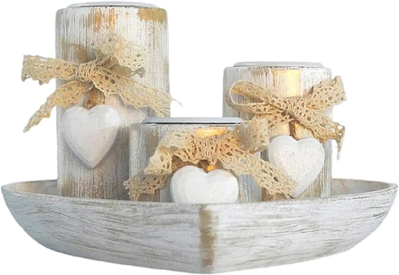 Rustic Wooden Heart Tray Candle Holder Set