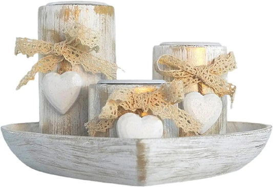Rustic Wooden Heart Tray Candle Holder Set
