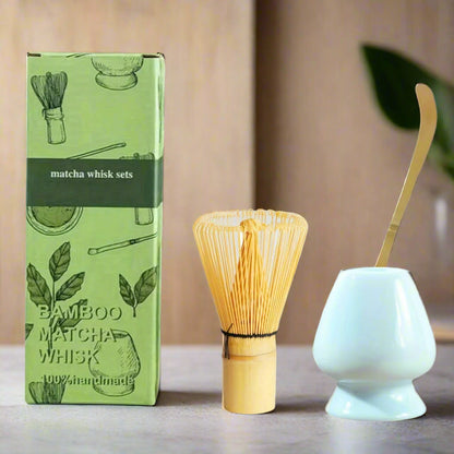 Bamboo matcha whisk set with packaging on a white background