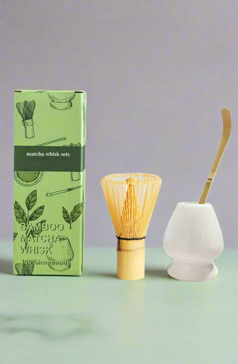 Matcha whisk set with green box on a white background