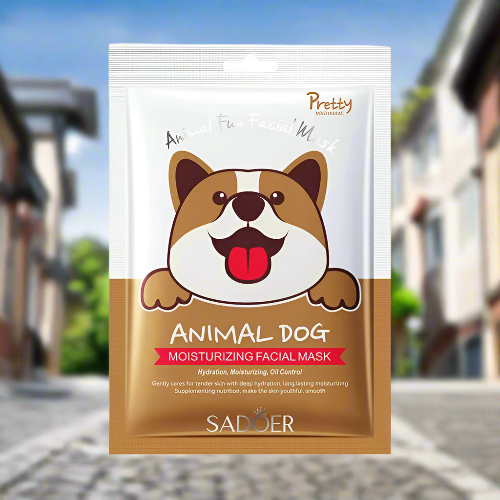 Moisturizing facial mask packaging with a dog illustration on a white background