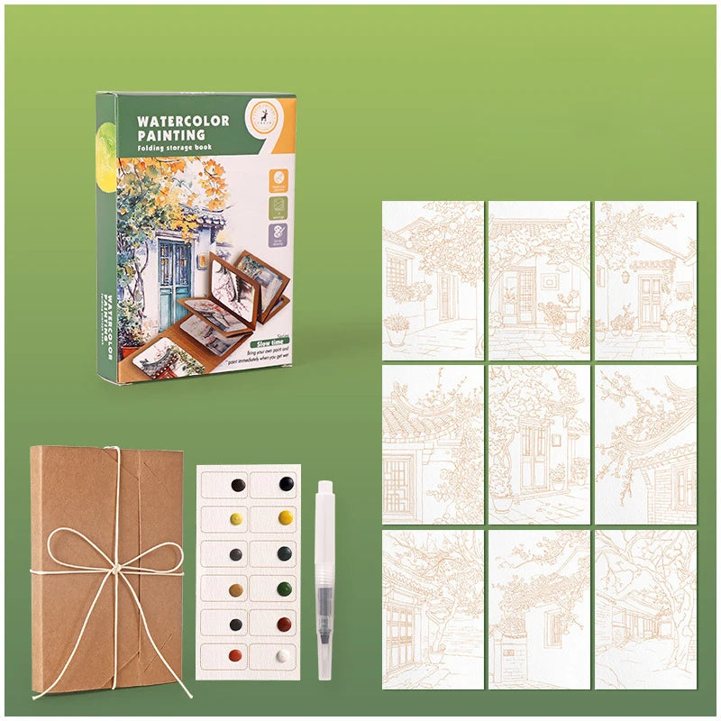 Watercolor painting kit with packaging, paper sheets, and a pen on a green background