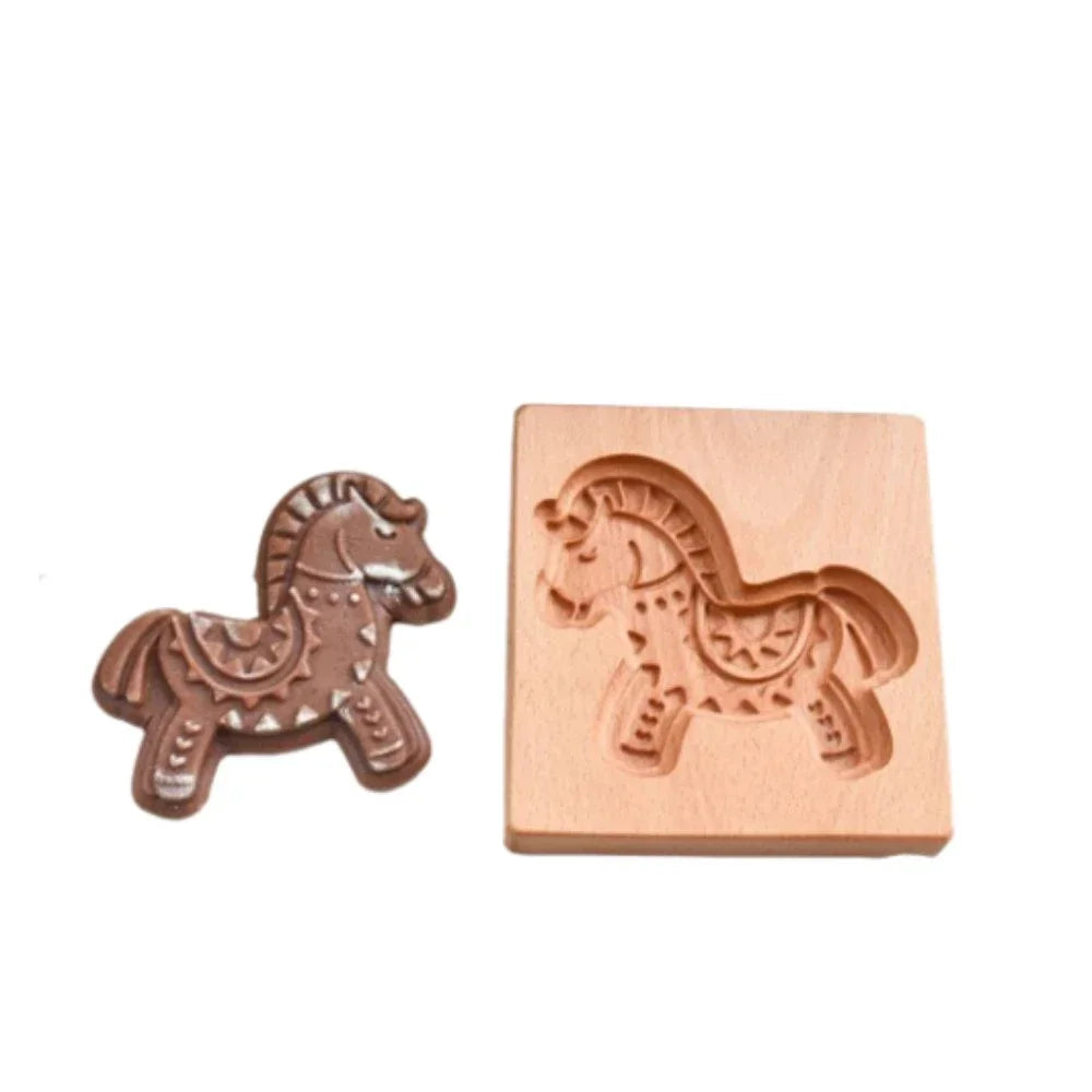 Wooden stamp with horse design on a white background