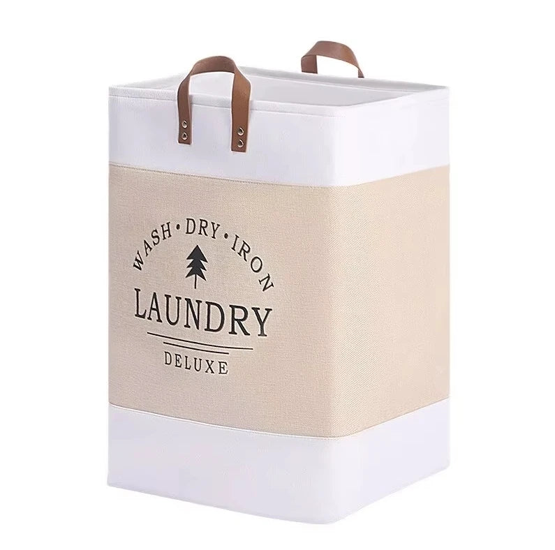 Laundry basket with 'Wash Dry Iron Laundry Deluxe' text on a white background