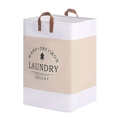 Laundry basket with 'Wash Dry Iron Laundry Deluxe' text on a white background
