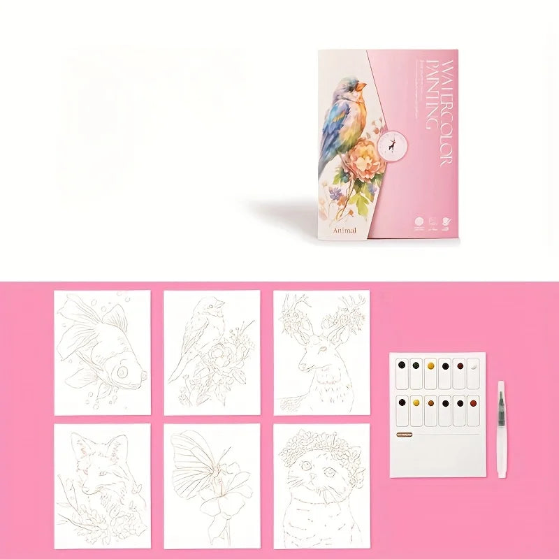 Coloring book set with illustrations and color swatches on a pink background
