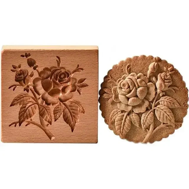 Wooden stamp with floral design and a sample impression on a white background