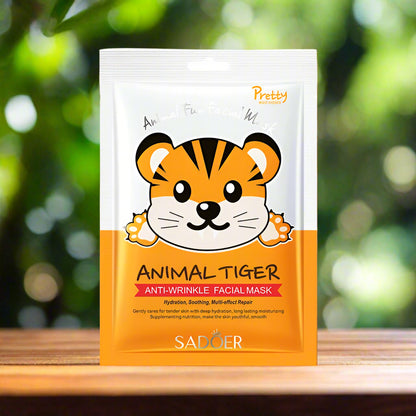 Animal-themed tiger facial mask packaging with branding on a white background